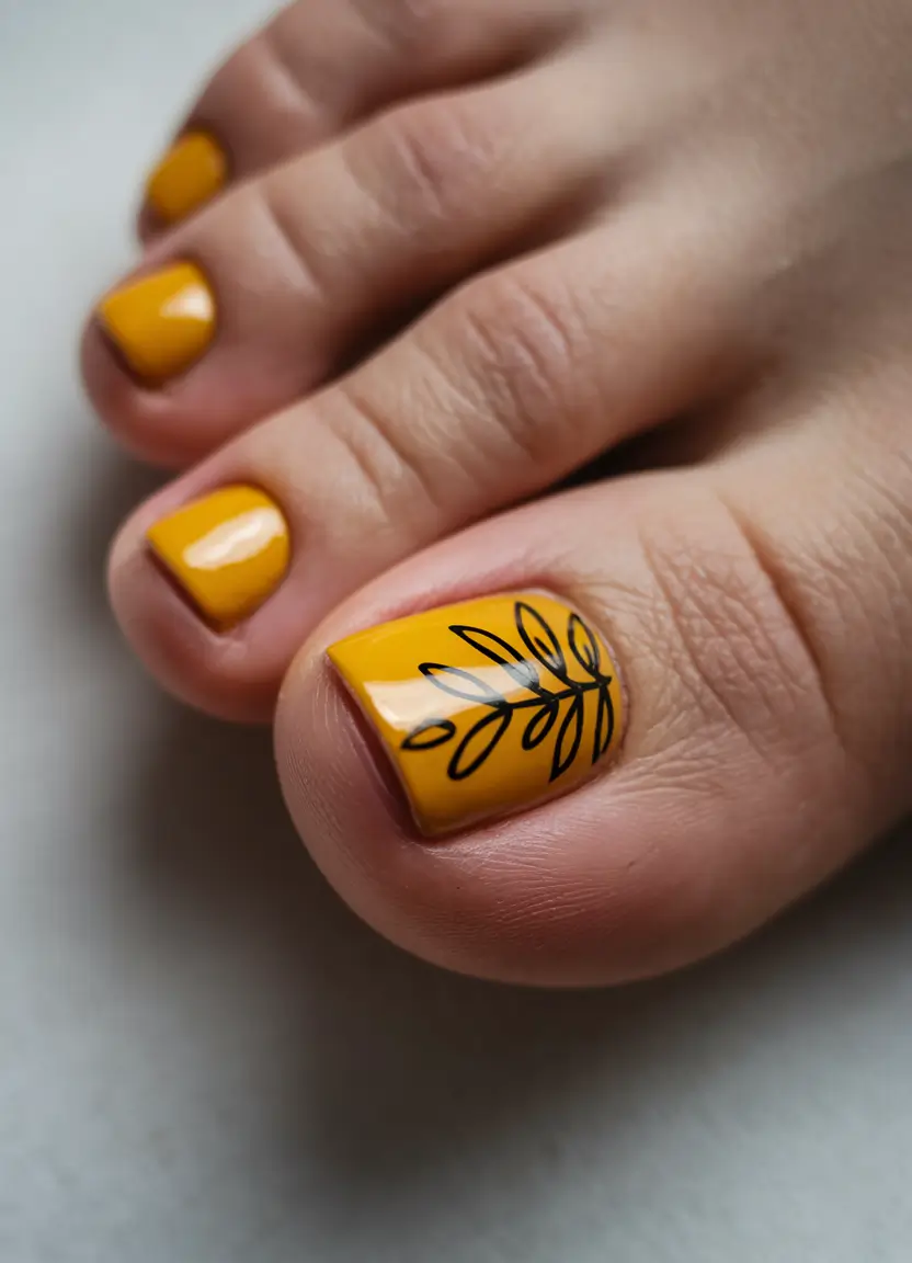 Pretty Toe Nail Ideas for September 2025+Mustard Yellow with Elegant Leaf Art
