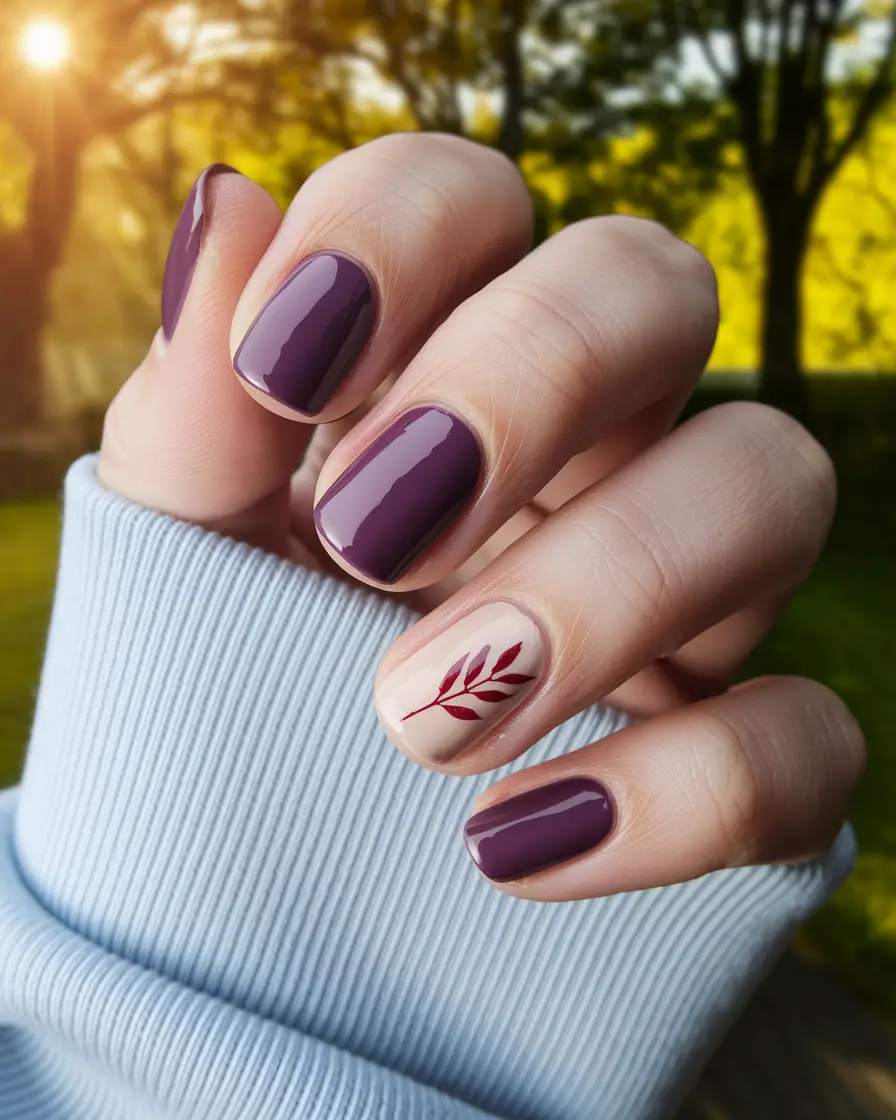 short fall nails 2025 Wine Plum with a Tiny Botanical Tattoo