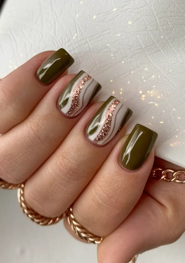 short fall nails 2025 Olive Swirl with Copper Glitter Veins