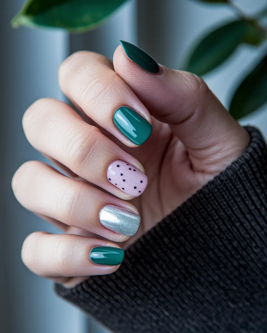 short fall nails 2025 Metallic Teal Mash-Up with Confetti Pink