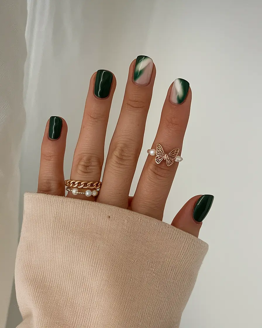 short fall nails 2025 Evergreen Flow with Misty Marble
