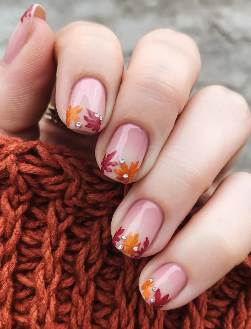 short fall nails 2025 Fall Leaves with Rhinestone Sparkle