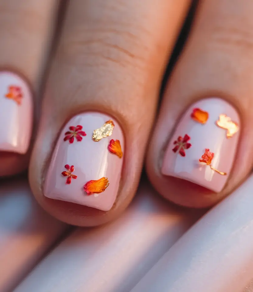 short fall nails 2025 Micro Autumn Florals with Gold Foil