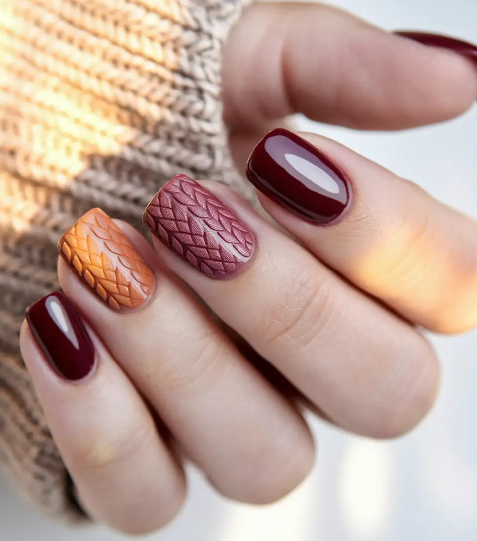 short fall nails 2025 Chunky Knit Texture and Autumn Colors