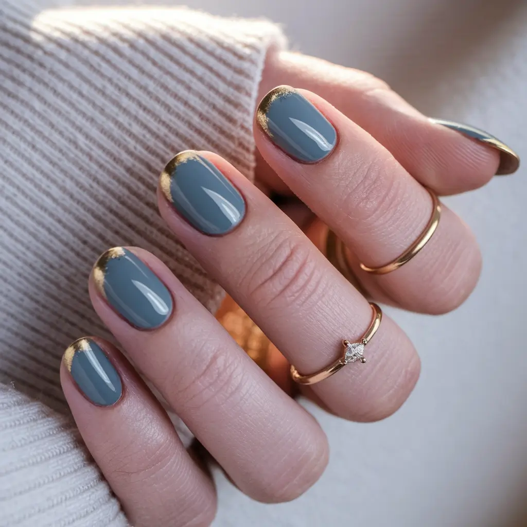 short fall nails 2025 Muted Blue with a Gold Foil Crown
