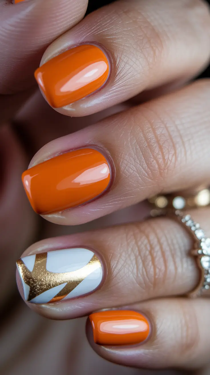 short fall nails 2025 Tangerine Shine with Foil Accents