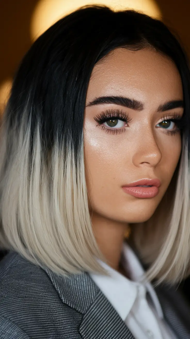 fall hair color ideas black hair Rooted Platinum Bob with Smoky Black Shadowing