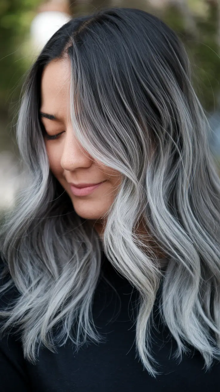 fall and winter hair color ideas black women Ash Smoke Balayage with Cascading Layers