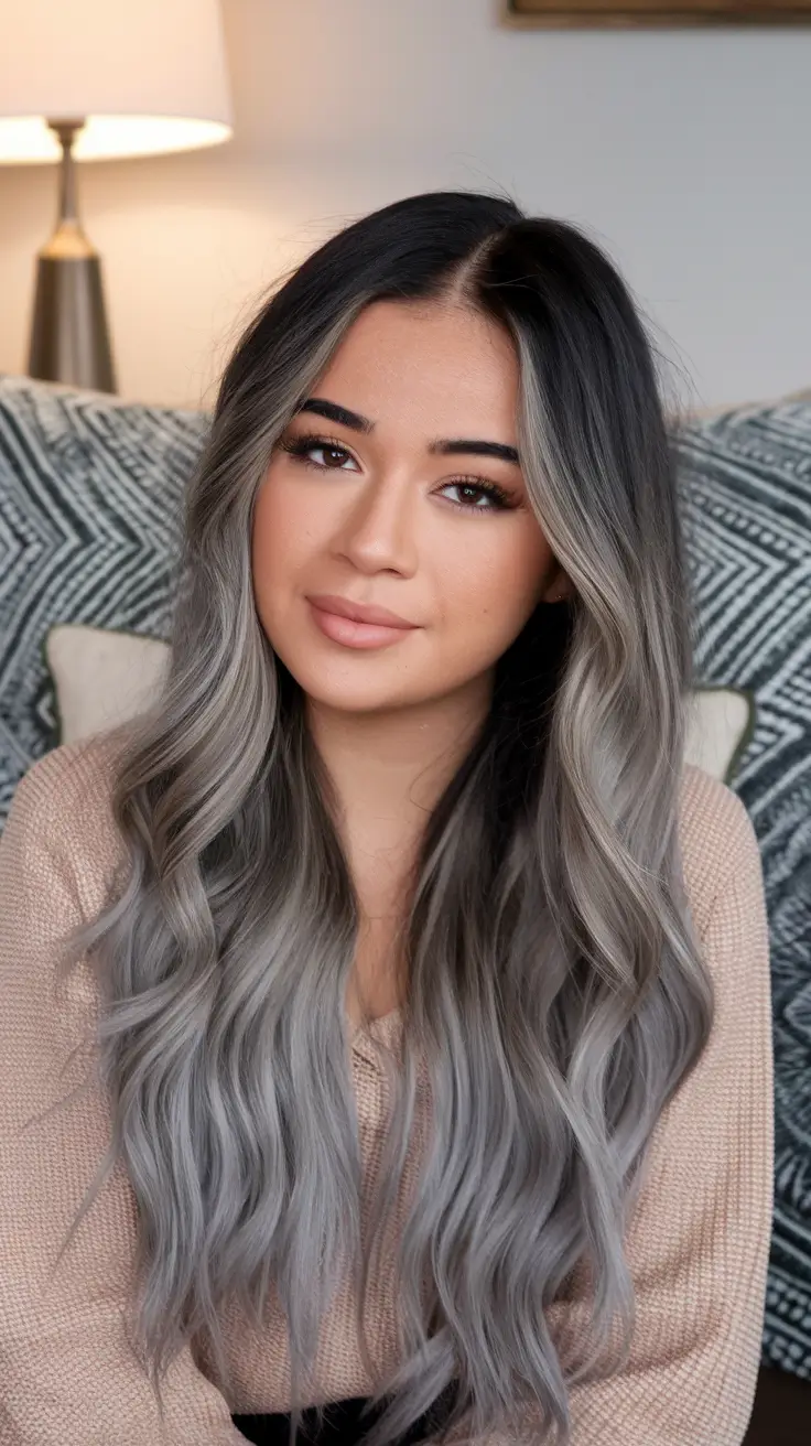 fall color hair ideas for black women 2025 Smoke and Storm Full-Length Silver Melt