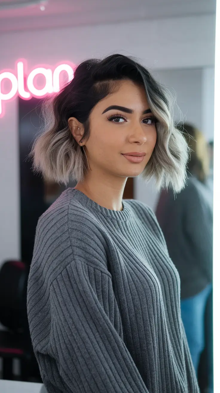 fall hair color ideas black hair Frosted Charcoal Bob with Shadow Roots
