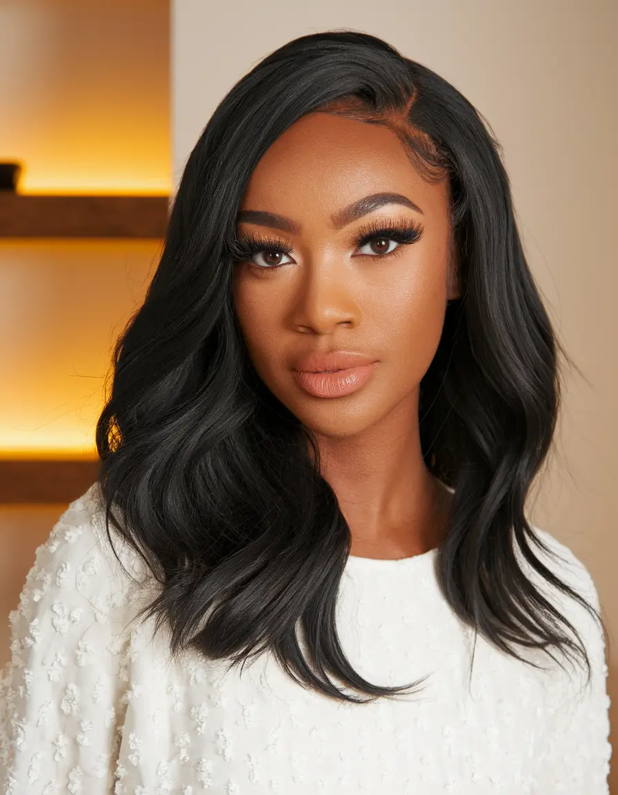 fall hair color ideas black hair Side-Parted Body Waves with Seamless Jet Black Color