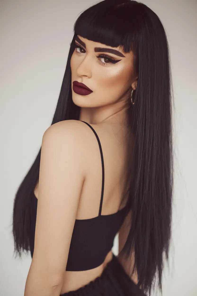fall hair color ideas black hair Ultra-Inky Black with Baby Bangs Drama