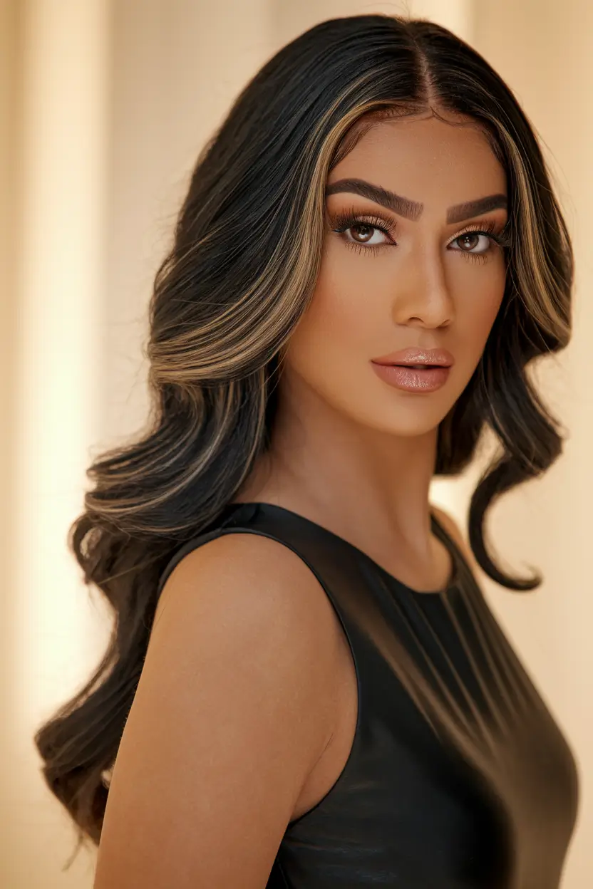 fall hair color ideas black hair Golden Mocha Balayage with Defined Loose Waves