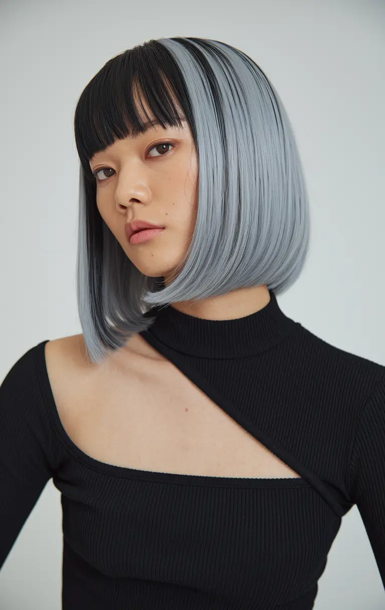 fall hair color ideas black hair Steel Gray Bob with Black Undercut Base