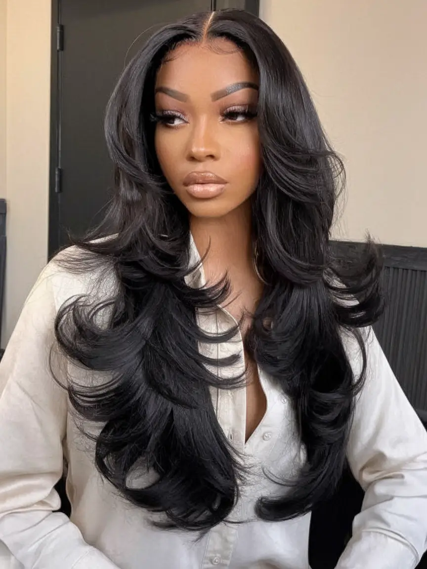 fall hair color ideas black hair Big Feathered Layers with Dimensional Midnight Black