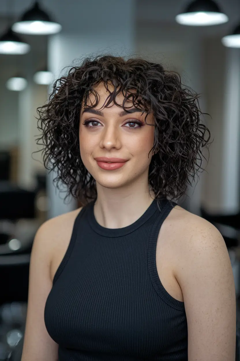 fall hair color ideas black hair Cozy Cocoa Curls with Tousled Baby Bangs
