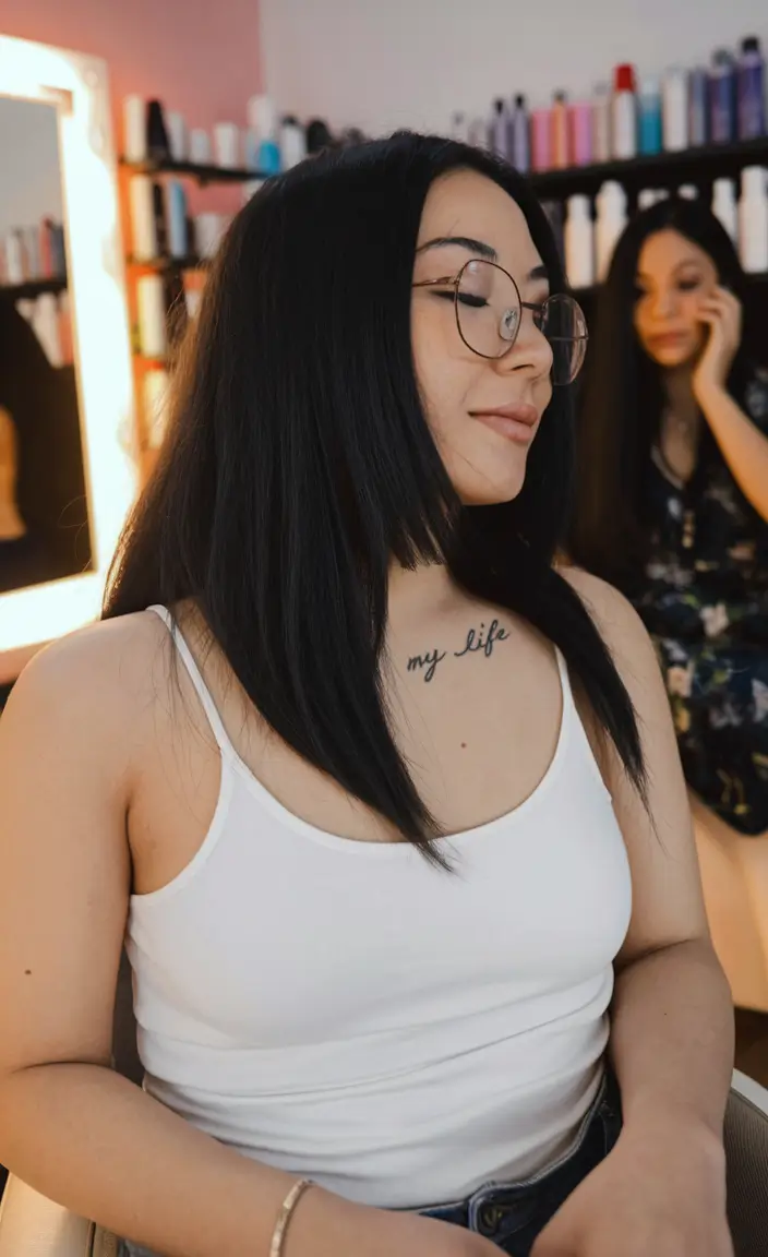 fall hair color ideas black hair Angled Precision Cut with Inky Black Layers