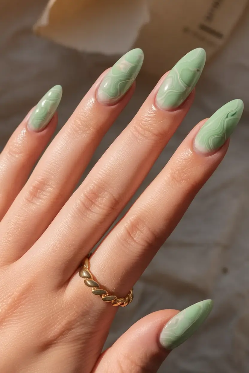 fall almond nails Soft Marble in Sage Green
