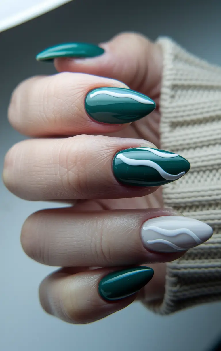 fall almond nails Glossy Green Waves
