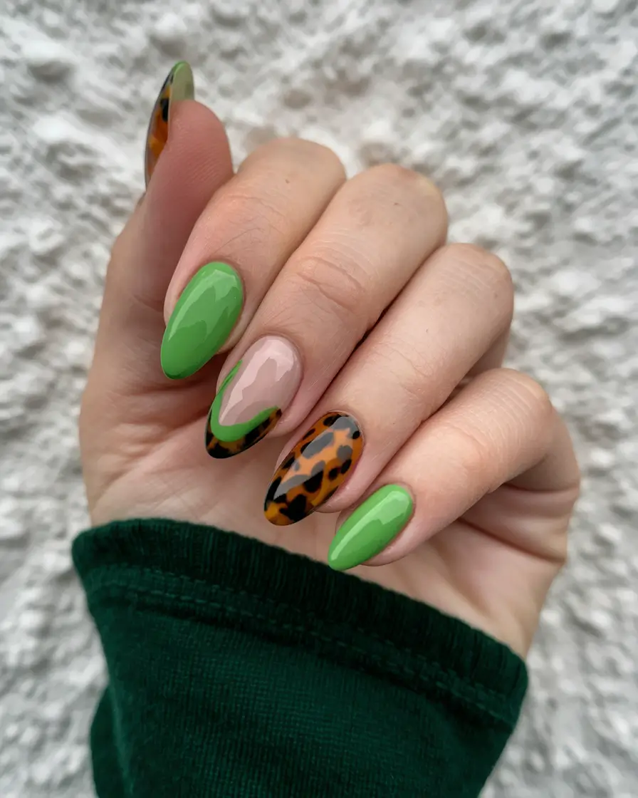 fall almond nails green Glossy Green Meets Leopard-Print Edge