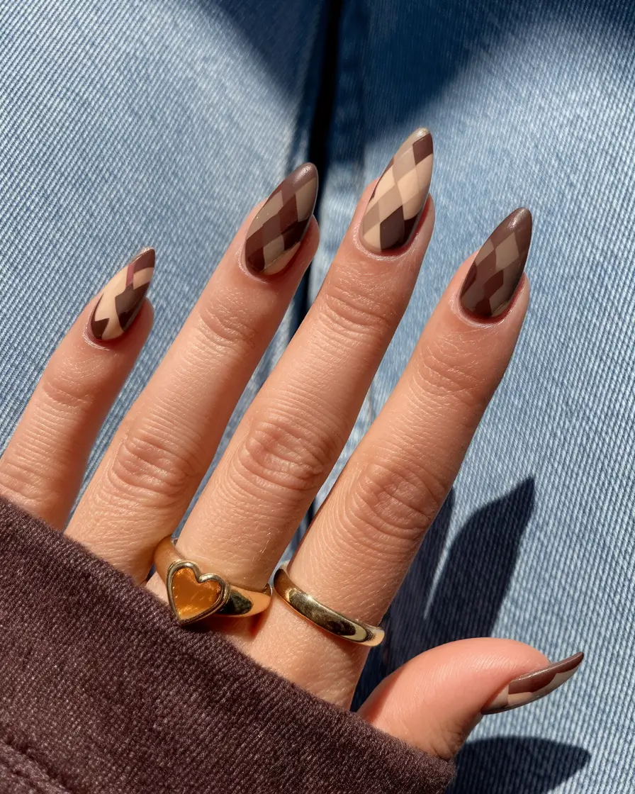 fall almond nails ideas brown Matte Mocha Argyle for Cozy Autumn Vibes