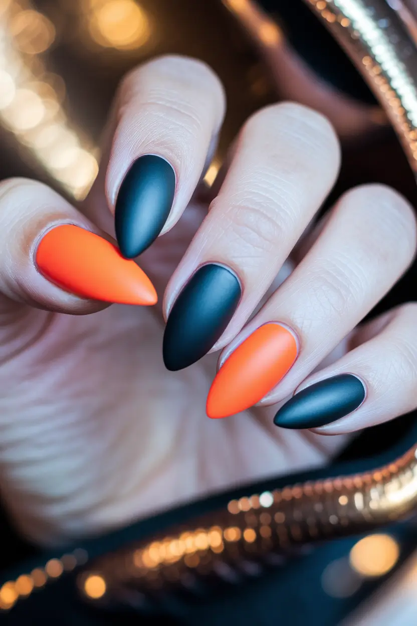 fall almond nails Bold Matte Black & Pumpkin Punch