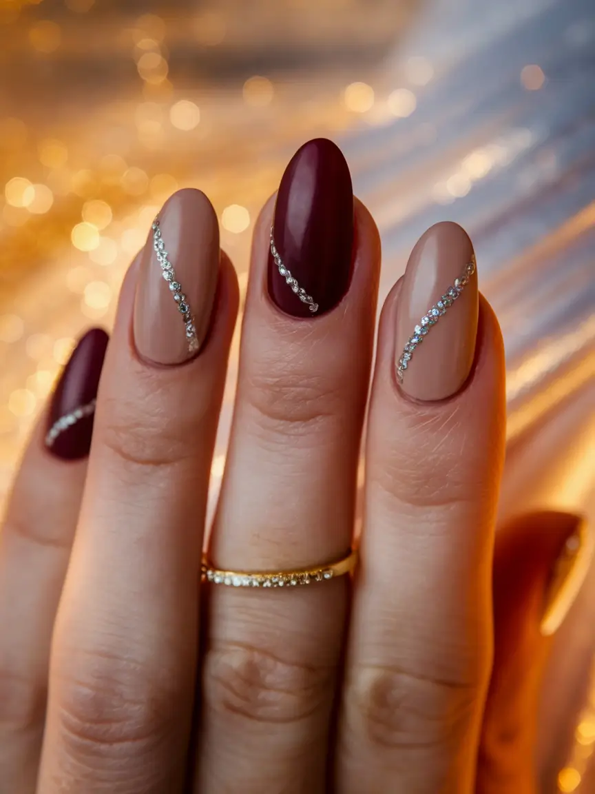 fall almond nails Burgundy & Beige with Crystal Accent