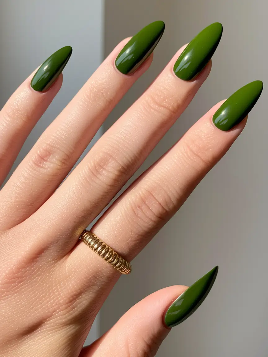 fall almond nails Moody Olive Gloss