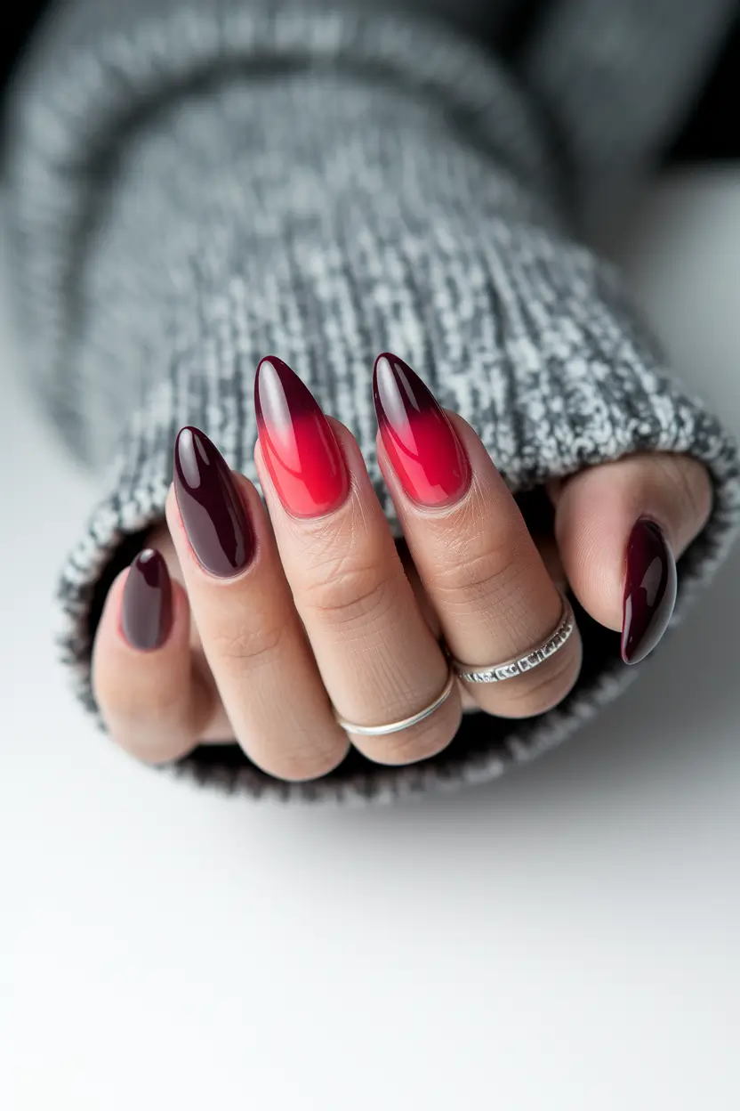 fall almond nails Oxblood to Crimson Ombre
