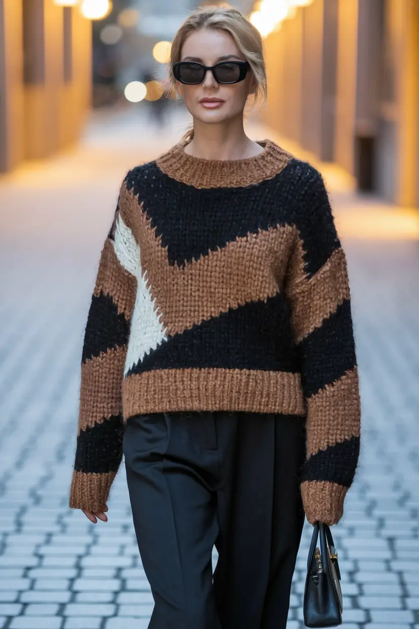 fall sweater outfits aesthetic 2025 Chevron Drama for City Moments