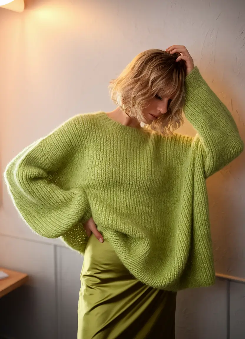 fall sweater outfits aesthetic 2025 Fresh Green Layers and Unexpected Femininity