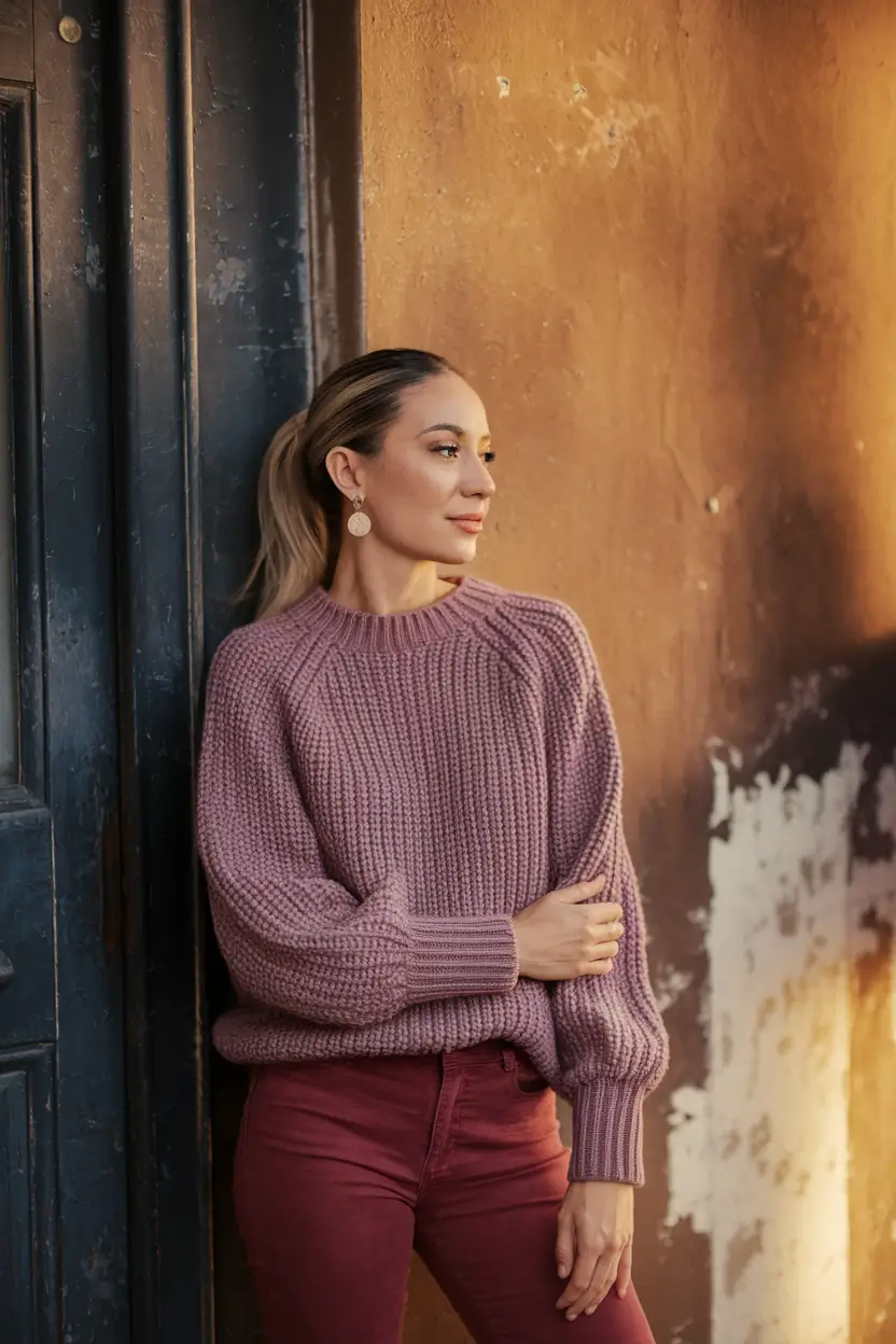 fall sweater outfits 2025 Mauve & Merlot Romance