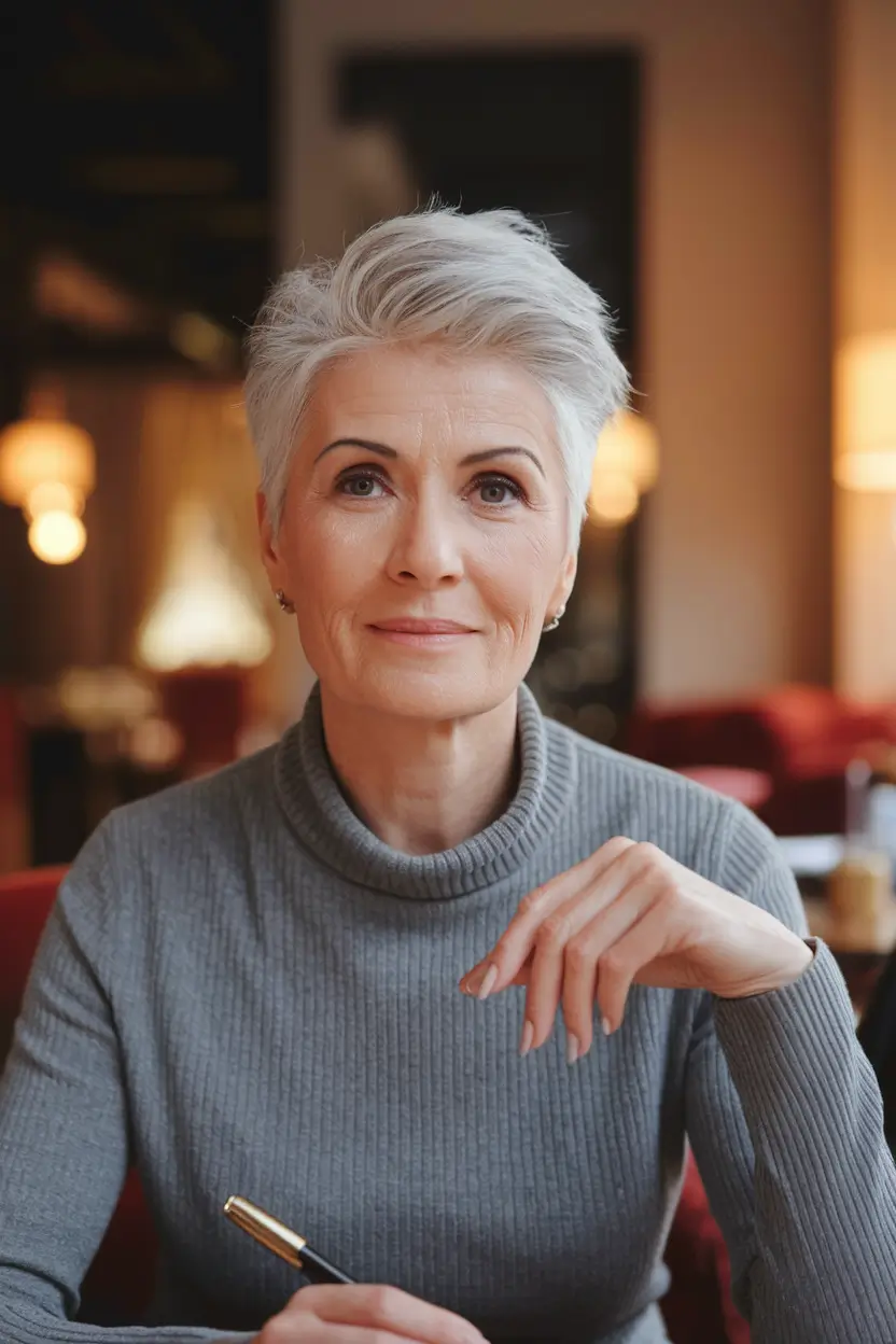 Fall haircuts for women over 50 Chic Textured Pixie with Cool Tones