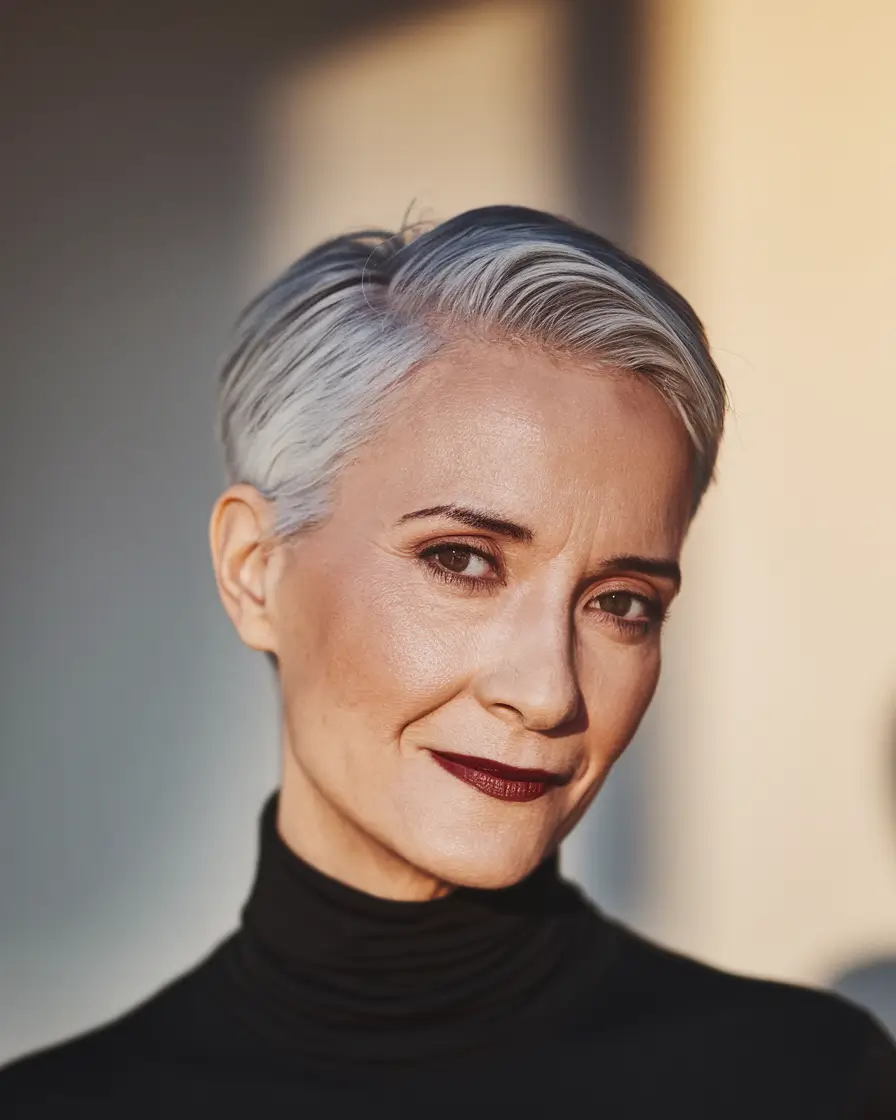 Fall haircuts for women over 50 Modern Frosted Pixie with Side Part
