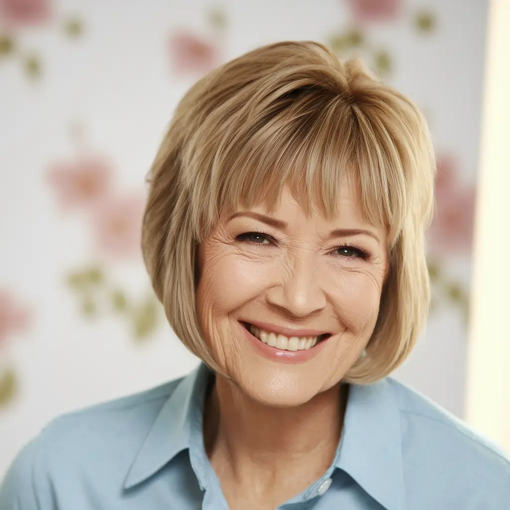 Fall haircuts for women over 50 Chin-Grazing Bob with Baby Bangs