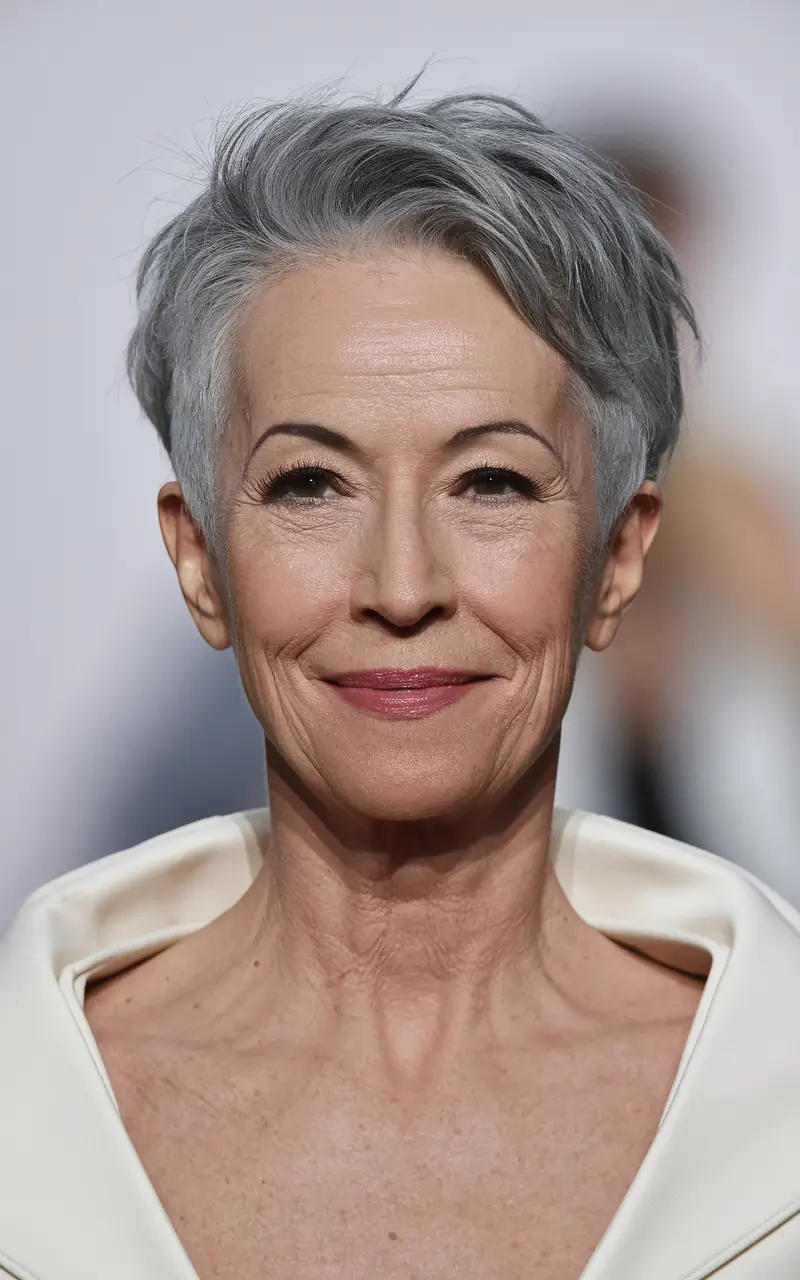 Fall haircuts for women over 50 Short Asymmetrical Crop in Silver Grey