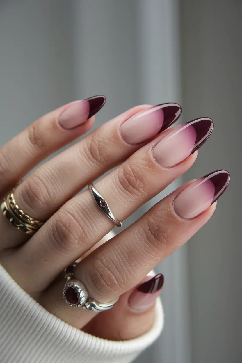fall color nails 2025+Deep Merlot Fade for Autumn Almond Drama