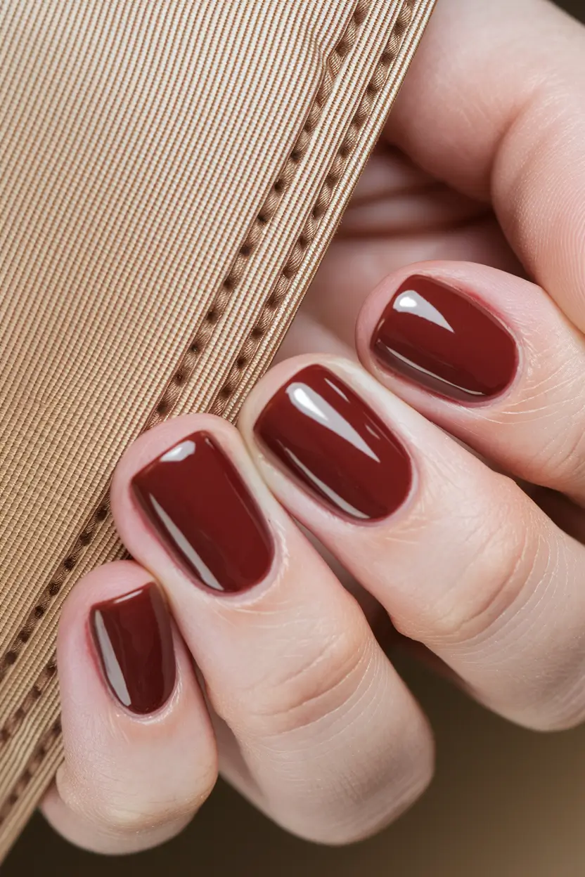 fall color nails short+Glossy Maroon Polish for a Sophisticated Short Look