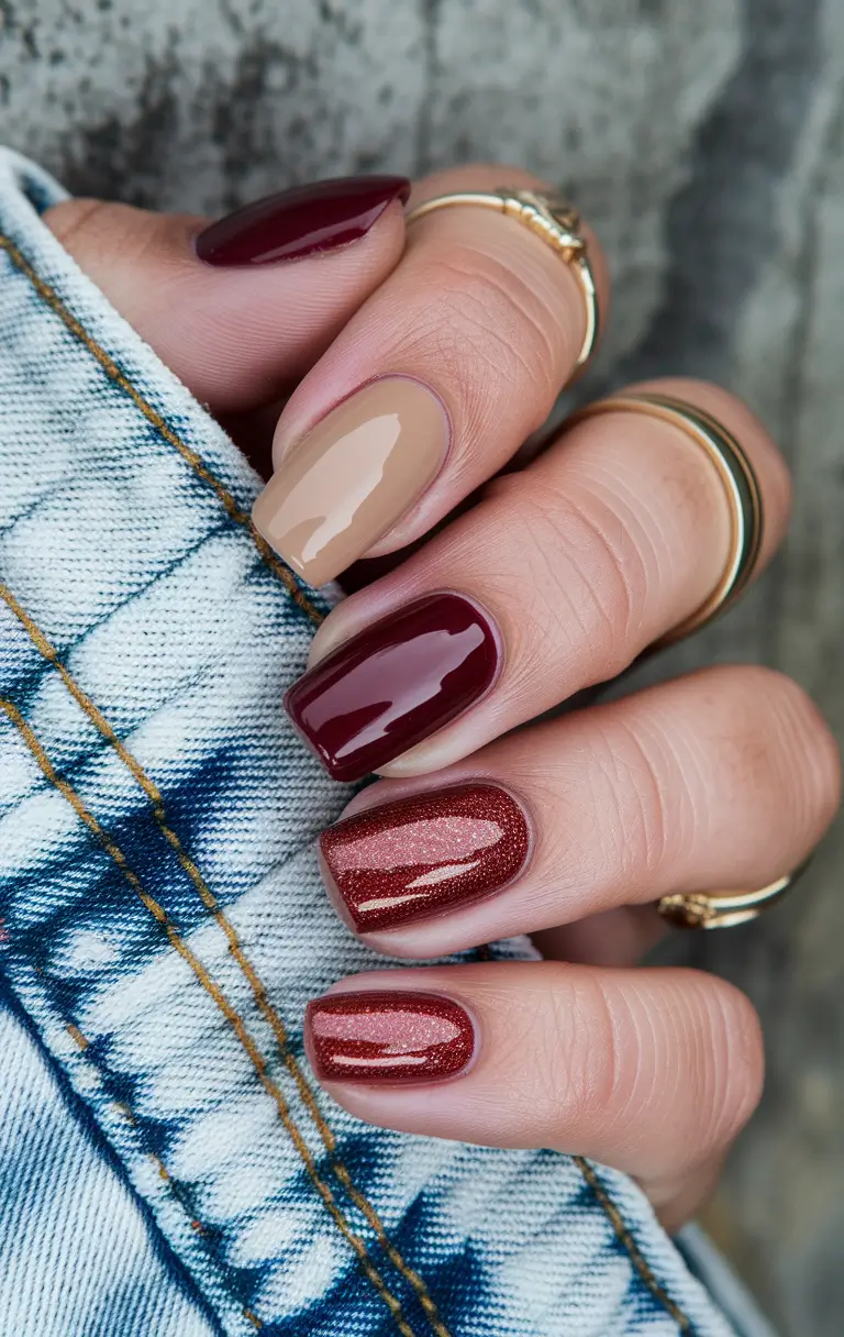 autumn gel designs+Textured Burgundy and Nude Combo for Everyday Chic