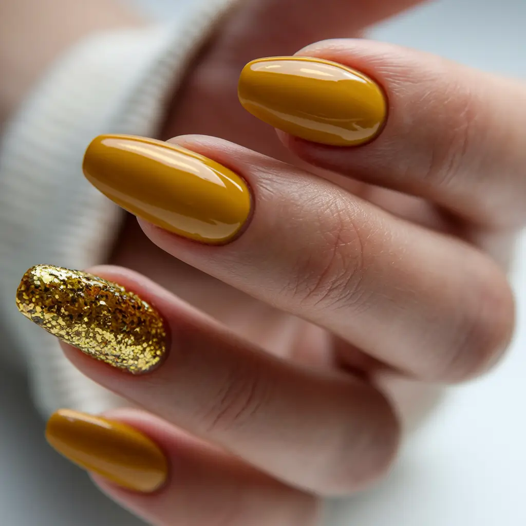 fall color nails designs+Mustard Gold with Glitter Drama
