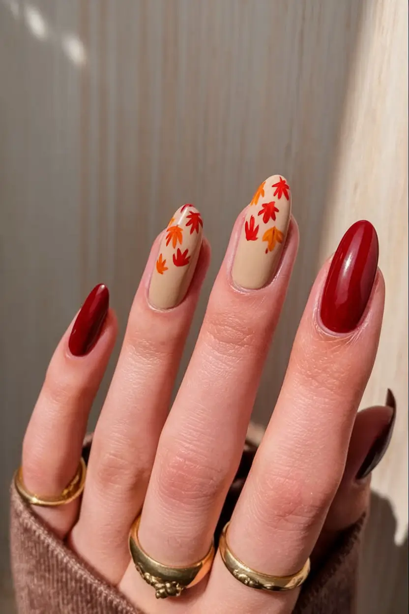 fall color nails autumn gel short+Maple Leaves and Earthy Tones for Cozy Fall Vibes