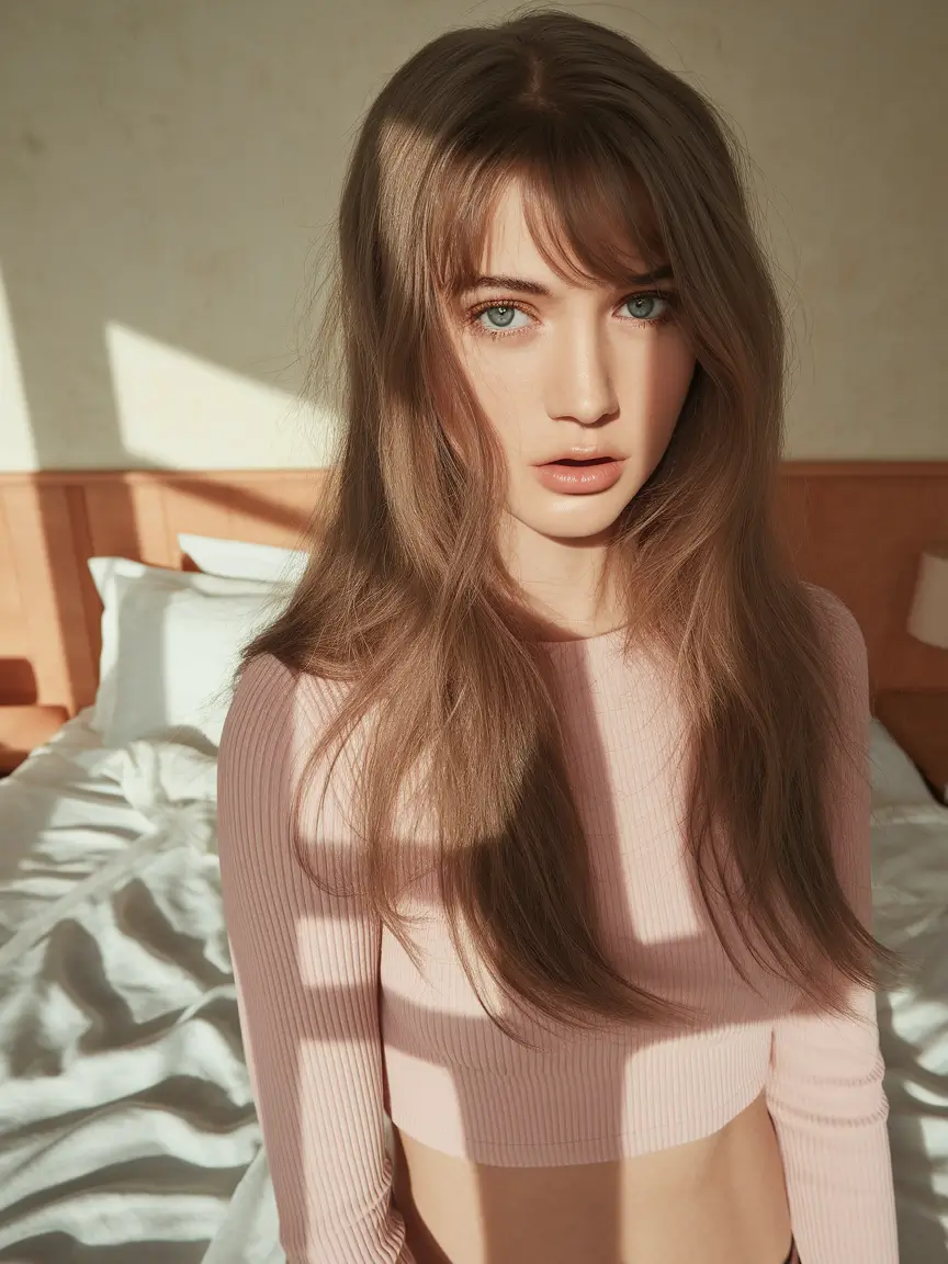 fall-brunette-hair-color-fair-skin-long-fringe-soft-sepia