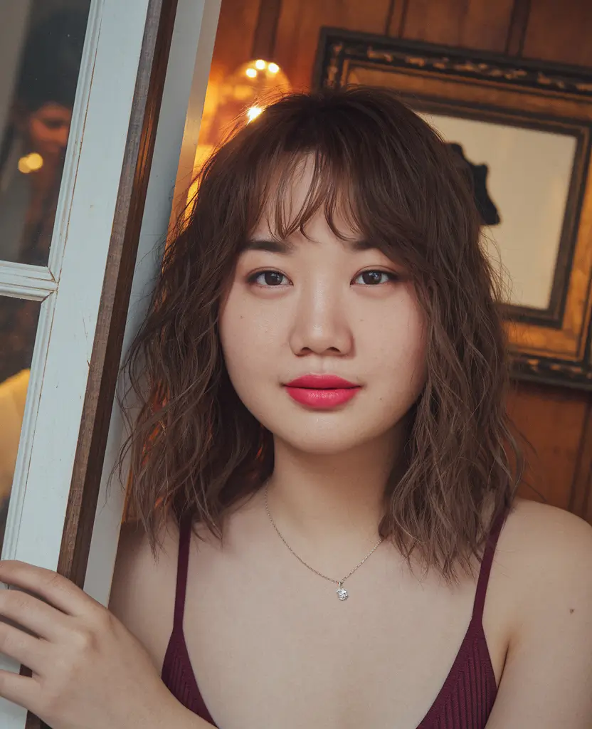 fall haircuts chubby face Effortless Texture with Wispy Bangs