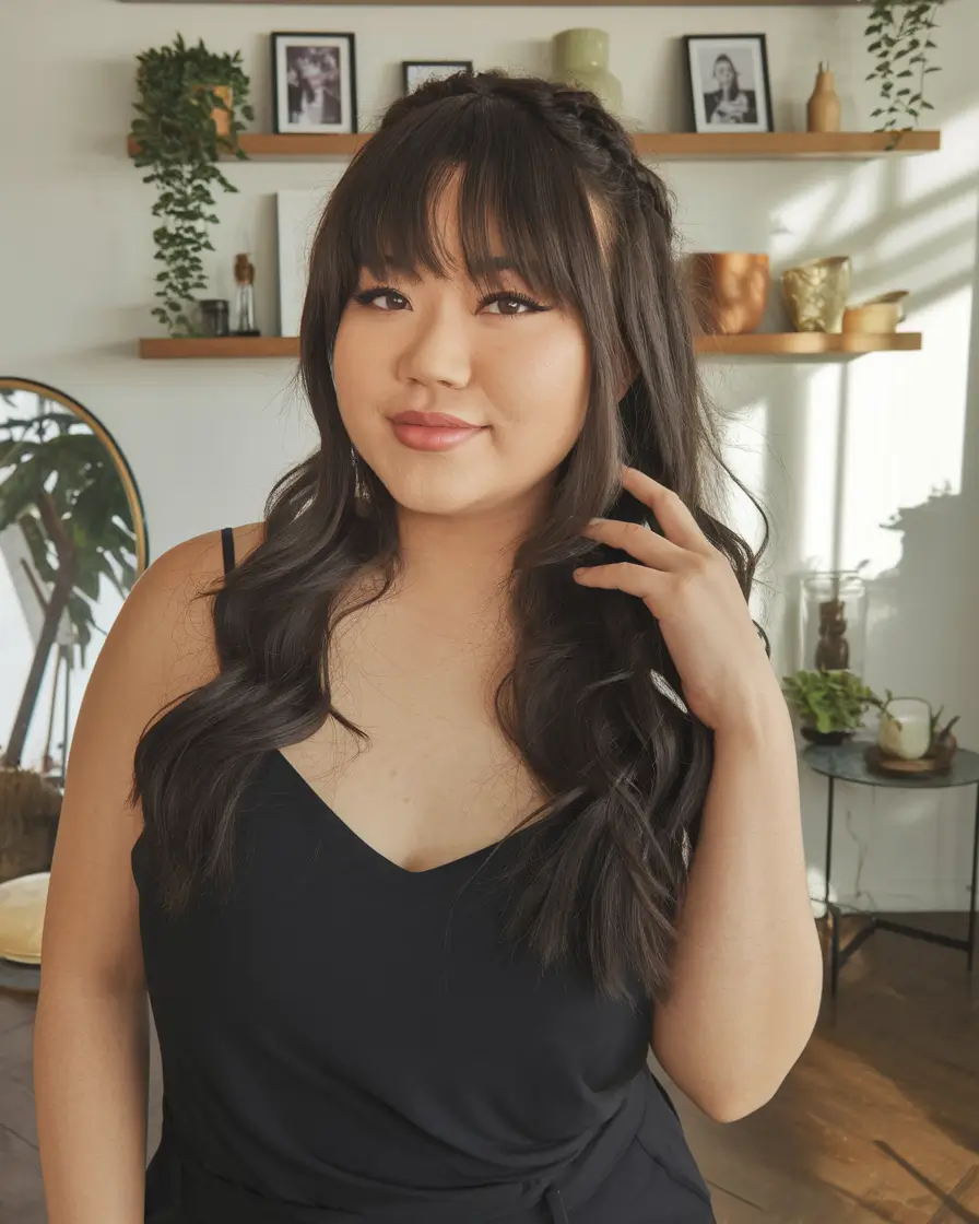 fall haircuts chubby face Loose Waves and Braided Crown with Fringe