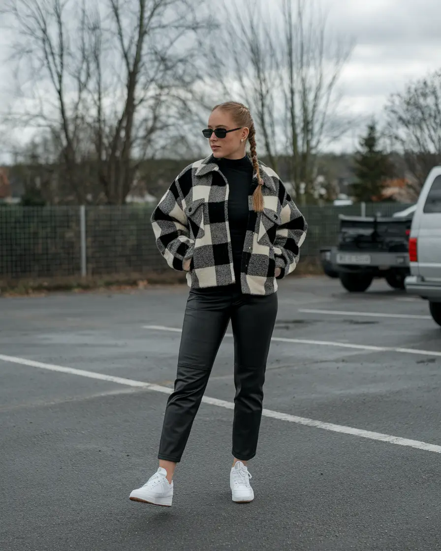 trendy fall outfits casual+Monochrome Plaid and Leather Cool