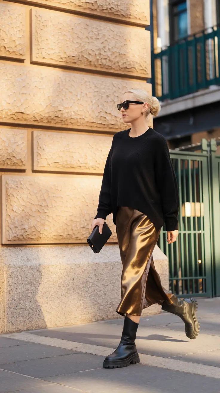 warm fall outfits ideas 2025 Minimalist Edge with Liquid Gold Layers