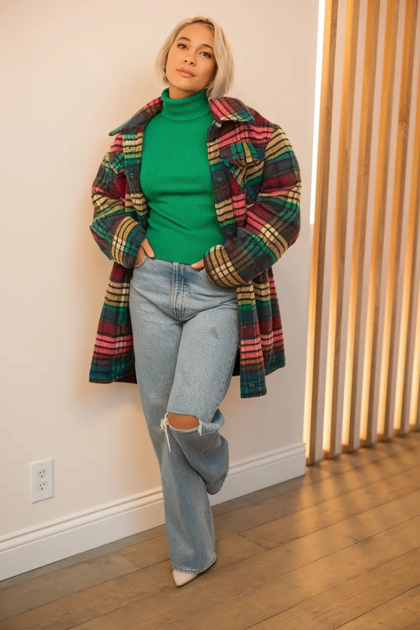warm fall outfits ideas 2025 Plaid Layers & Ripped Denim Energy