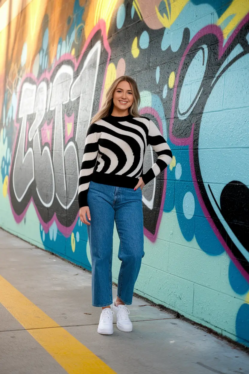 warm fall outfits ideas 2025 Graphic Knit Meets Street Simplicity
