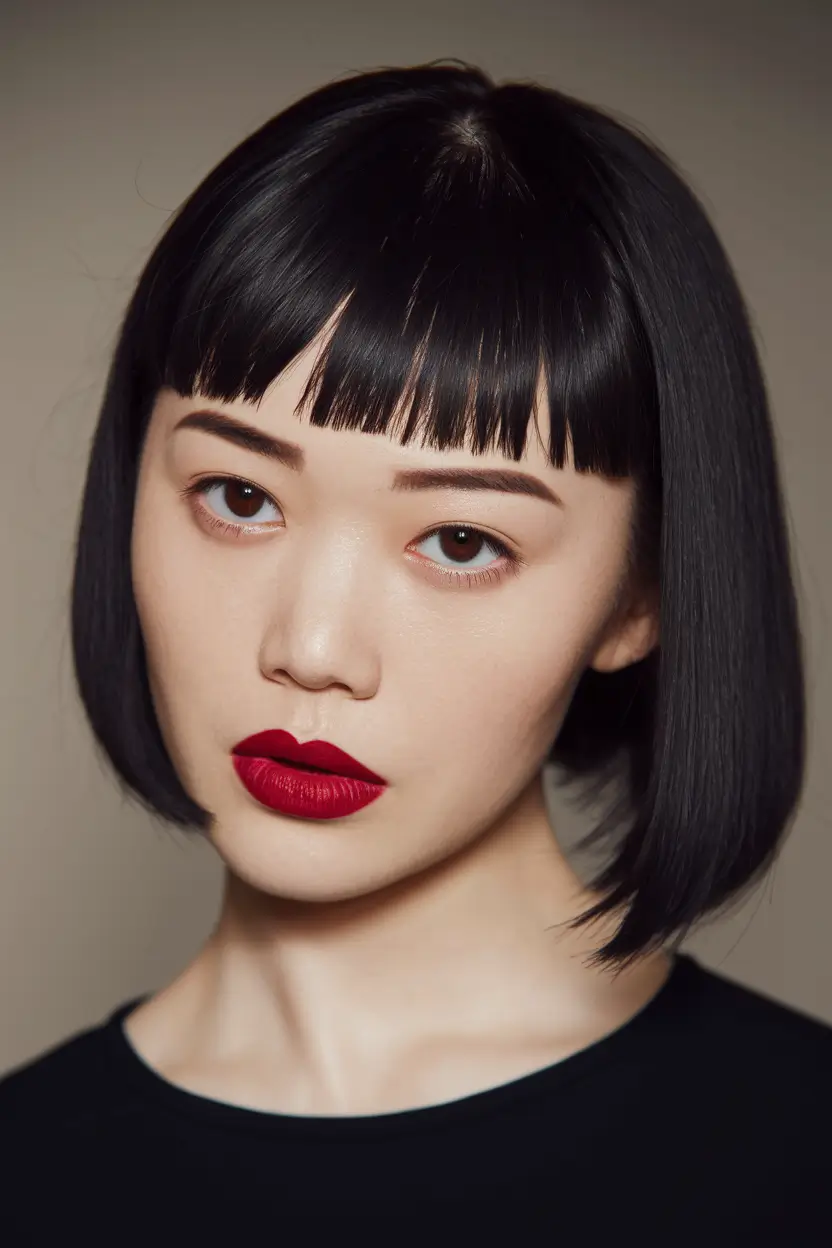 fall bob hairstyles with bangs Sharp Jet Black Blunt with Micro Fringe