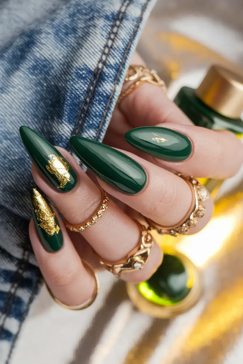 fall green nails 2025 Emerald Elegance with a Touch of Gold
